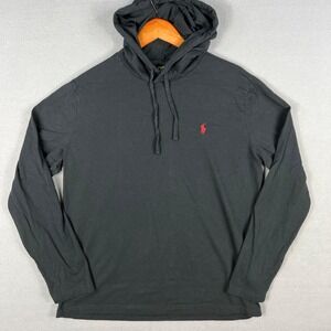 Polo Ralph Lauren Hooded T Shirt Mens Large Black‎ Red Pony Logo Lightweight